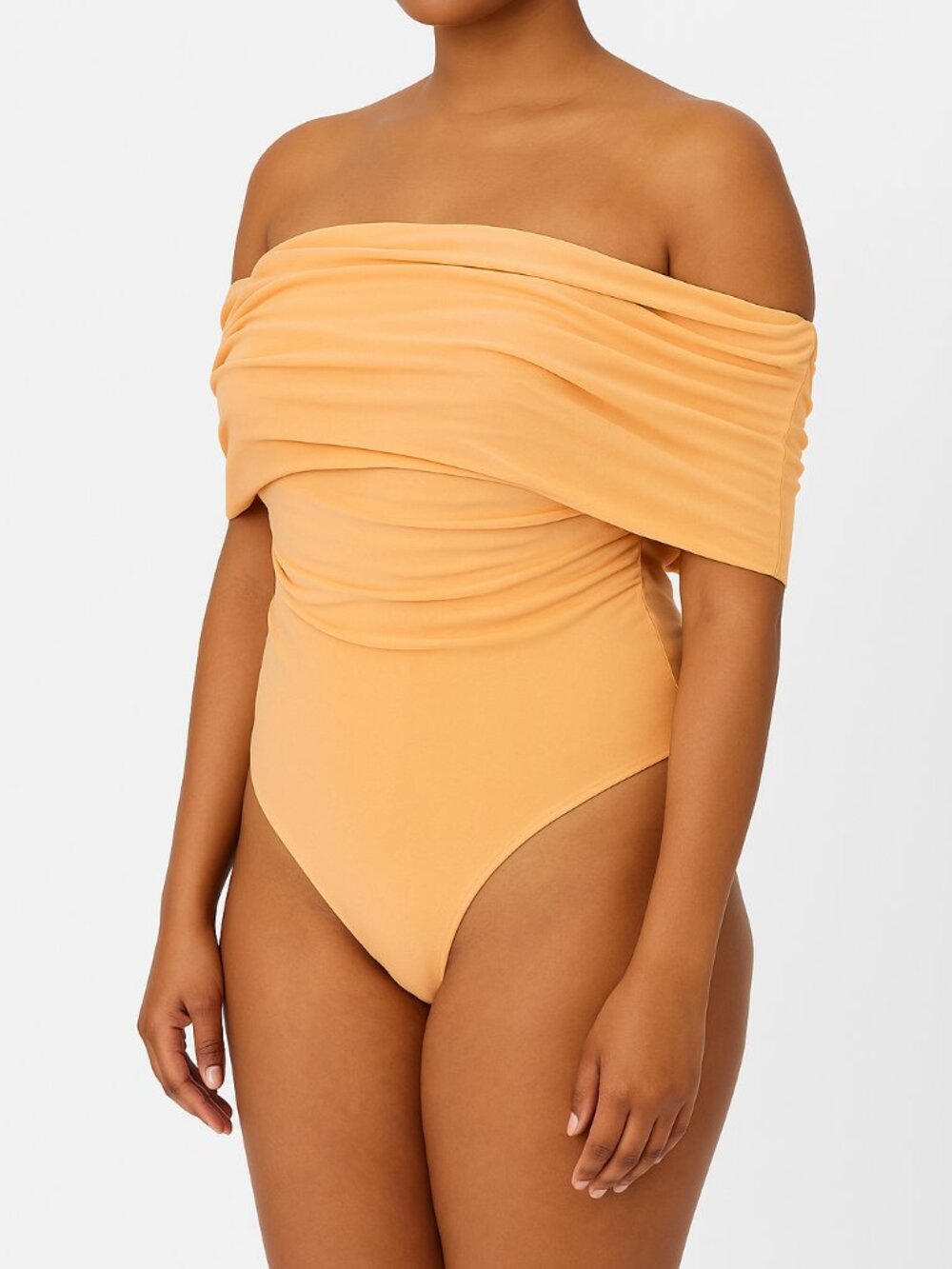 AFRM Divya Off-Shoulder Ruched Mesh Thong Bodysuit Peach Fuzz Women’s Large NWT